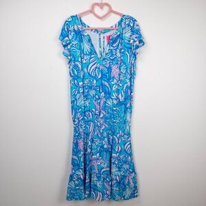 Y2K Lilly Pulitzer Tropical Blue Pink Midi Dress‎ Rayon Ruffle Hem